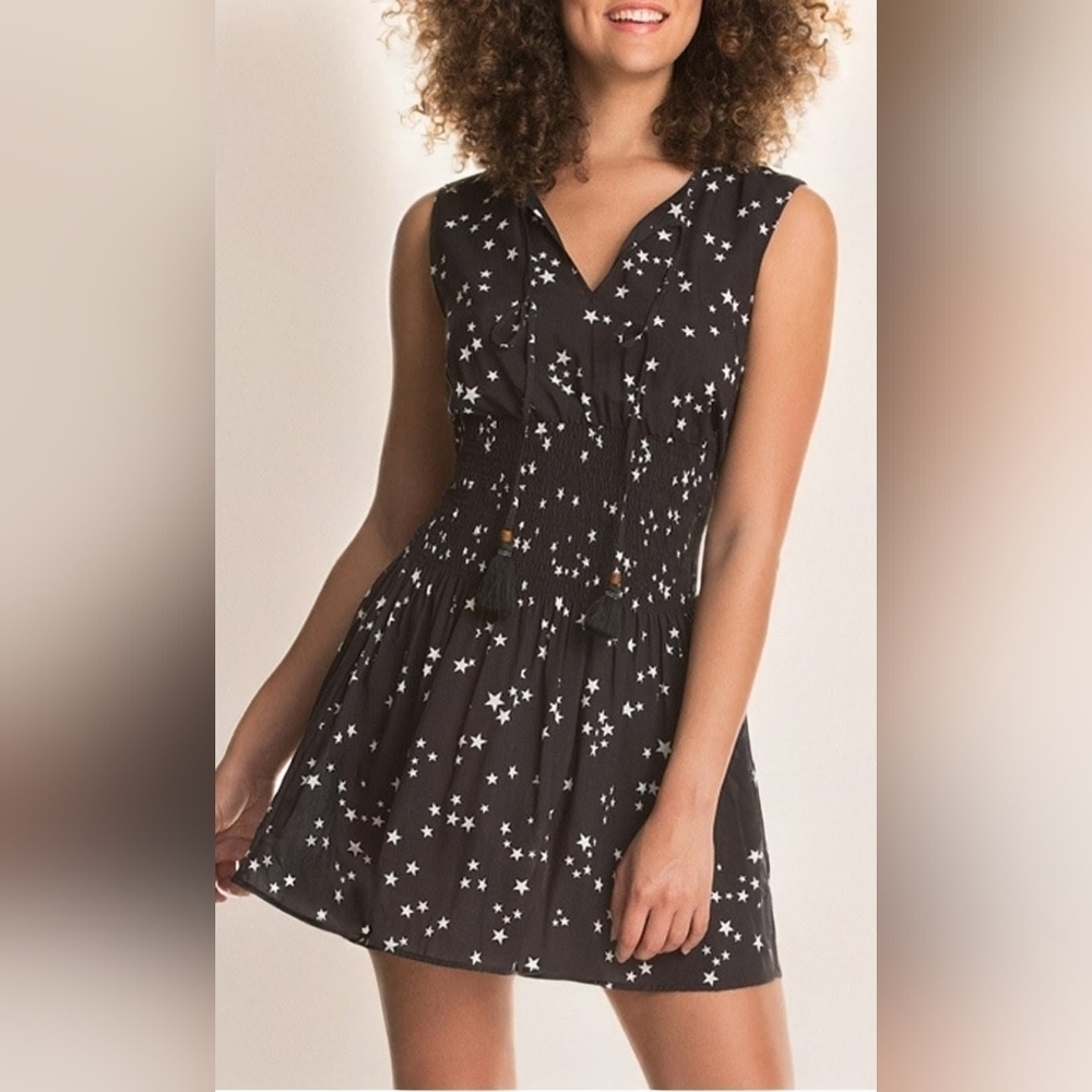 MAAJI Black White Star Smocked Sparkling Superstar Tassel Tie Cover-Up Dress S